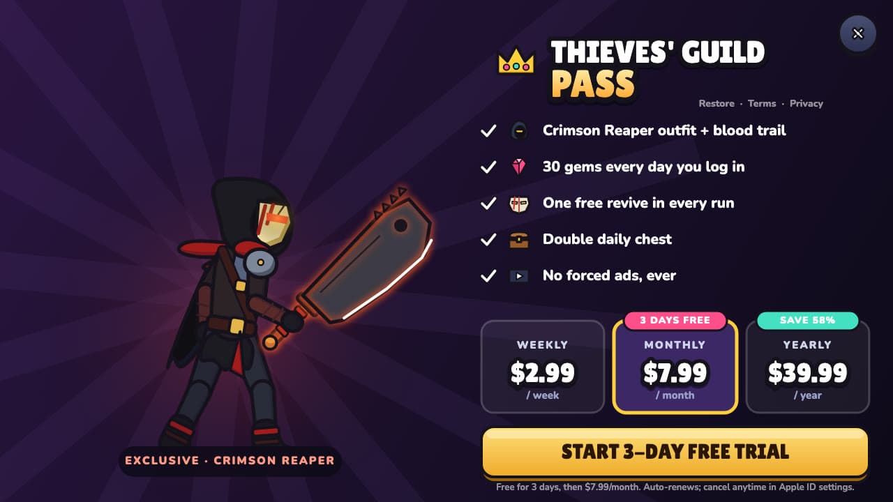 Lane Thief paywall screen