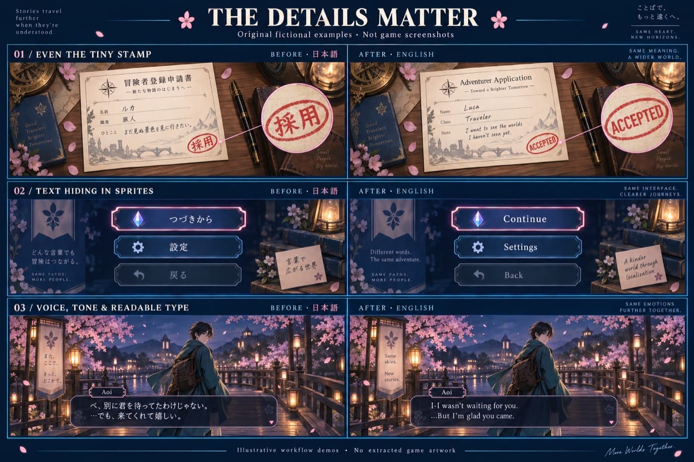 Fictional before-and-after examples: a tiny stamp, menu sprites, and contextual dialogue