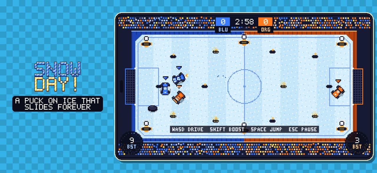 Pixel Rocket Snow Day screenshot with blue and orange cars chasing a puck across the ice